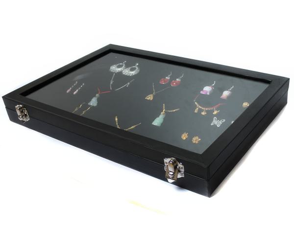 Schmuckkasten Schmucklade Schaukasten Schmuckdisplay mit Glasdeckel für Anhänger Ketten Ohrringe  schwarz